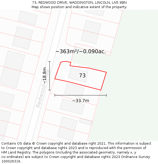 73, REDWOOD DRIVE, WADDINGTON, LINCOLN, LN5 9BN: Plot and title map