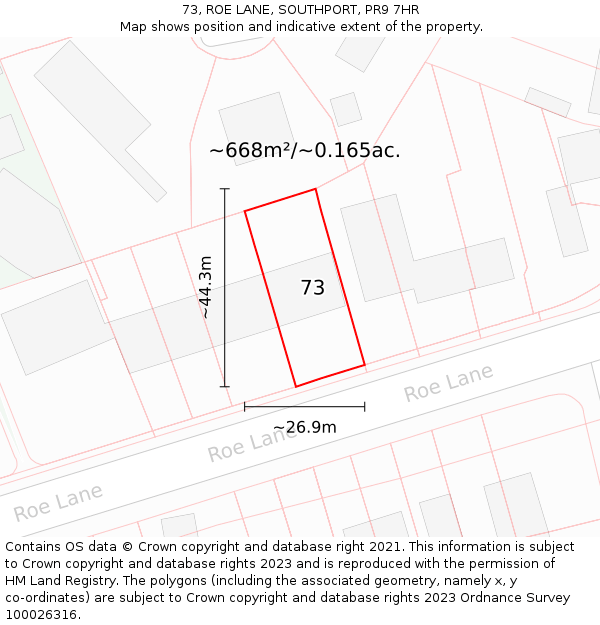 73, ROE LANE, SOUTHPORT, PR9 7HR: Plot and title map