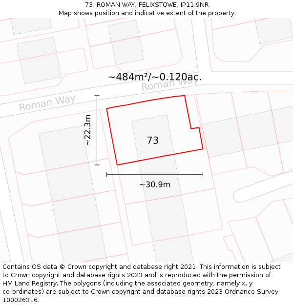 73, ROMAN WAY, FELIXSTOWE, IP11 9NR: Plot and title map