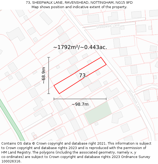 73, SHEEPWALK LANE, RAVENSHEAD, NOTTINGHAM, NG15 9FD: Plot and title map