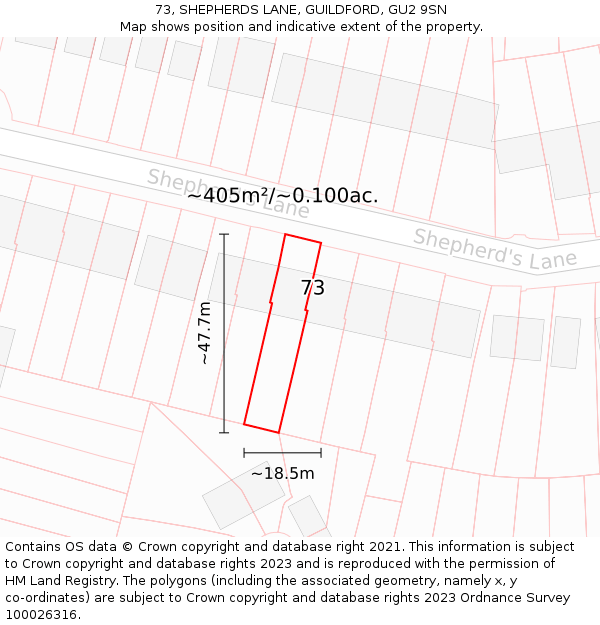 73, SHEPHERDS LANE, GUILDFORD, GU2 9SN: Plot and title map