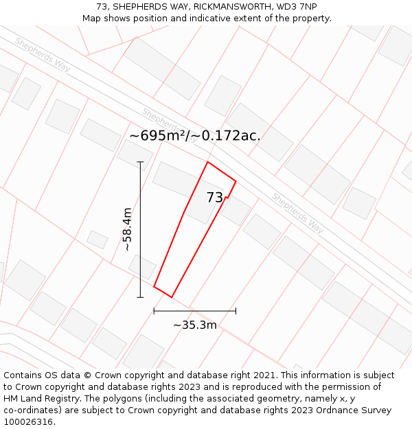 73, SHEPHERDS WAY, RICKMANSWORTH, WD3 7NP: Plot and title map