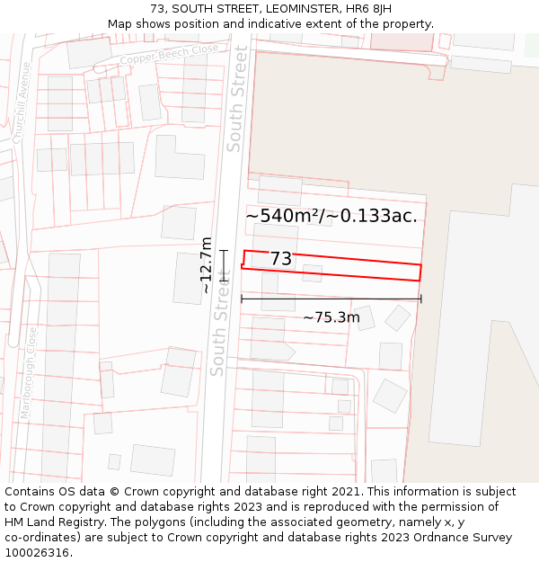 73, SOUTH STREET, LEOMINSTER, HR6 8JH: Plot and title map