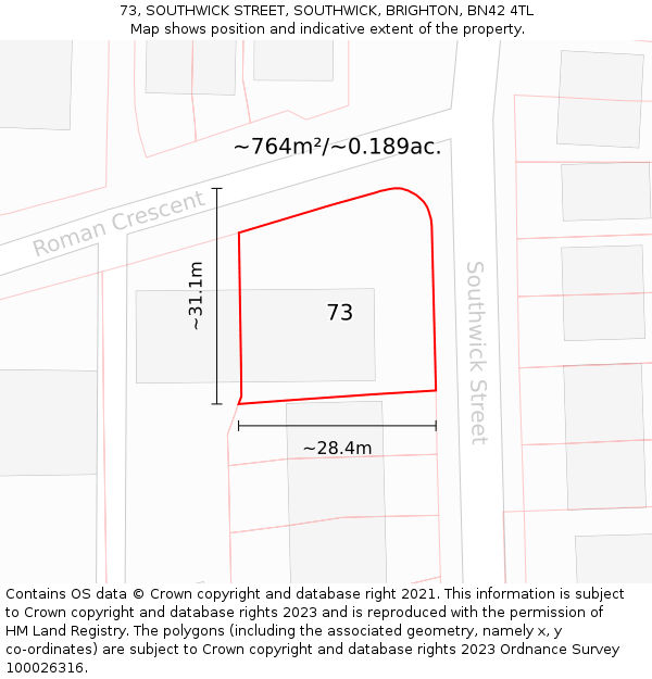 73, SOUTHWICK STREET, SOUTHWICK, BRIGHTON, BN42 4TL: Plot and title map