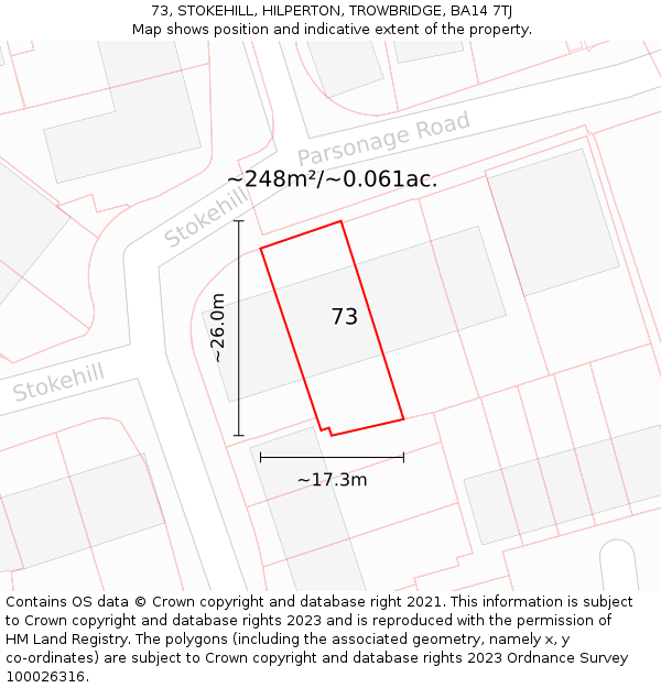73, STOKEHILL, HILPERTON, TROWBRIDGE, BA14 7TJ: Plot and title map