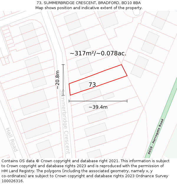 73, SUMMERBRIDGE CRESCENT, BRADFORD, BD10 8BA: Plot and title map