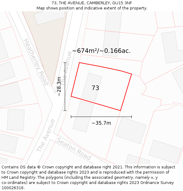 73, THE AVENUE, CAMBERLEY, GU15 3NF: Plot and title map