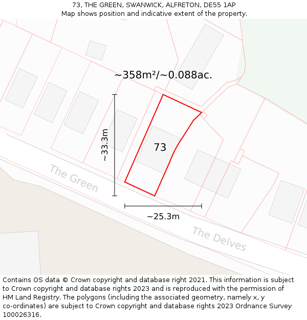 73, THE GREEN, SWANWICK, ALFRETON, DE55 1AP: Plot and title map