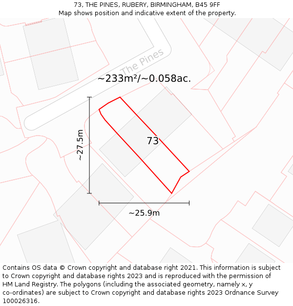 73, THE PINES, RUBERY, BIRMINGHAM, B45 9FF: Plot and title map