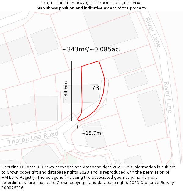 73, THORPE LEA ROAD, PETERBOROUGH, PE3 6BX: Plot and title map