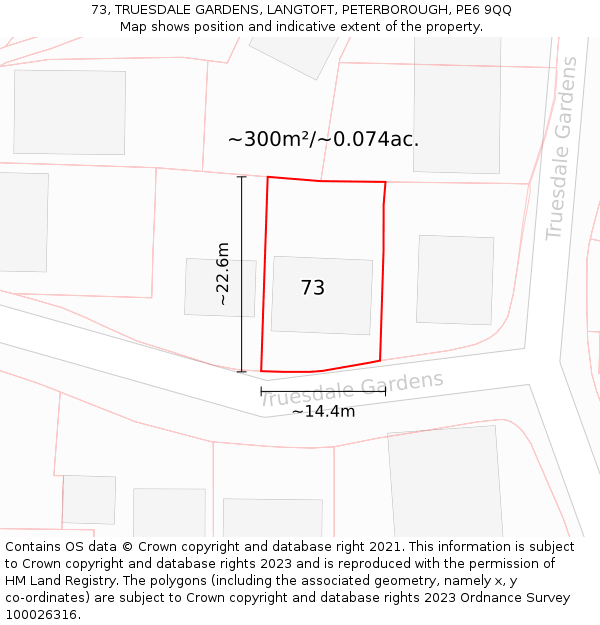 73, TRUESDALE GARDENS, LANGTOFT, PETERBOROUGH, PE6 9QQ: Plot and title map