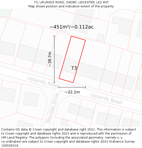 73, UPLANDS ROAD, OADBY, LEICESTER, LE2 4NT: Plot and title map