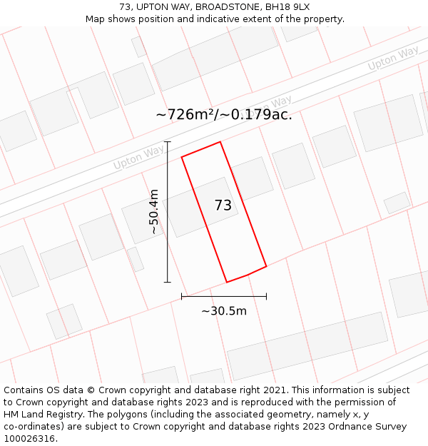 73, UPTON WAY, BROADSTONE, BH18 9LX: Plot and title map