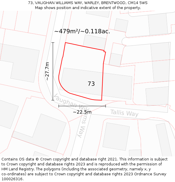 73, VAUGHAN WILLIAMS WAY, WARLEY, BRENTWOOD, CM14 5WS: Plot and title map