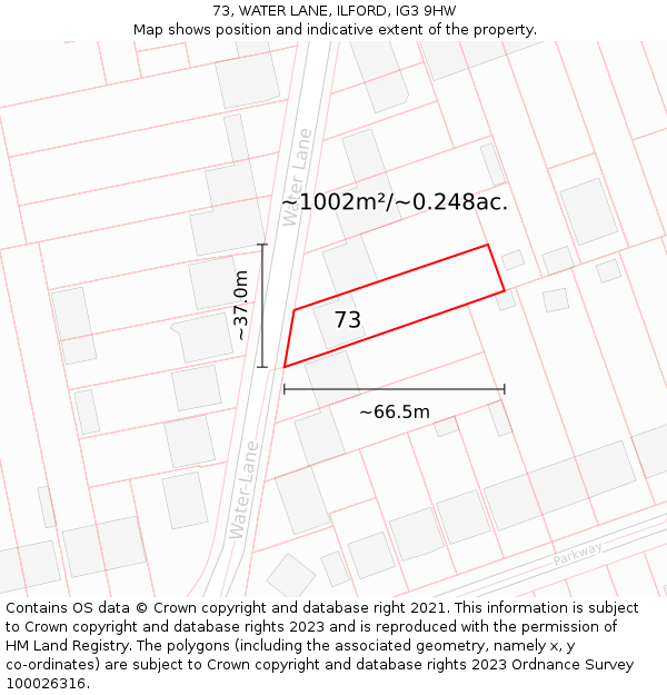 73, WATER LANE, ILFORD, IG3 9HW: Plot and title map