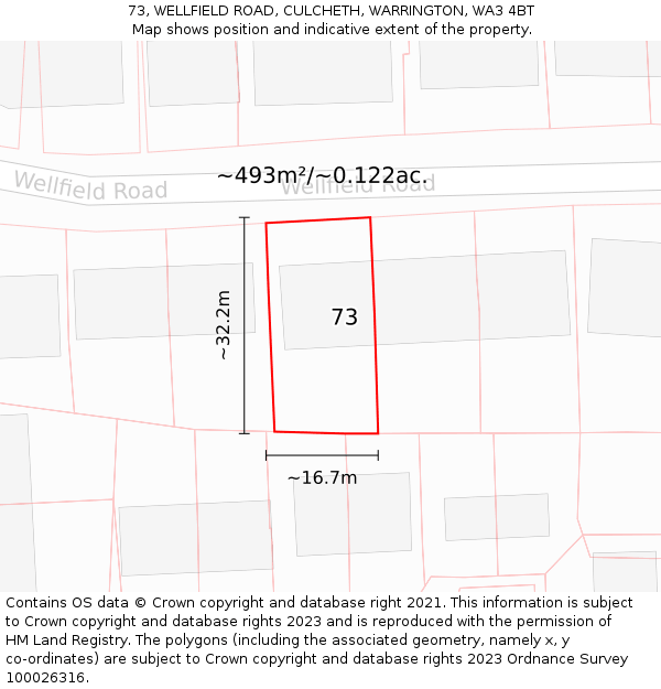 73, WELLFIELD ROAD, CULCHETH, WARRINGTON, WA3 4BT: Plot and title map