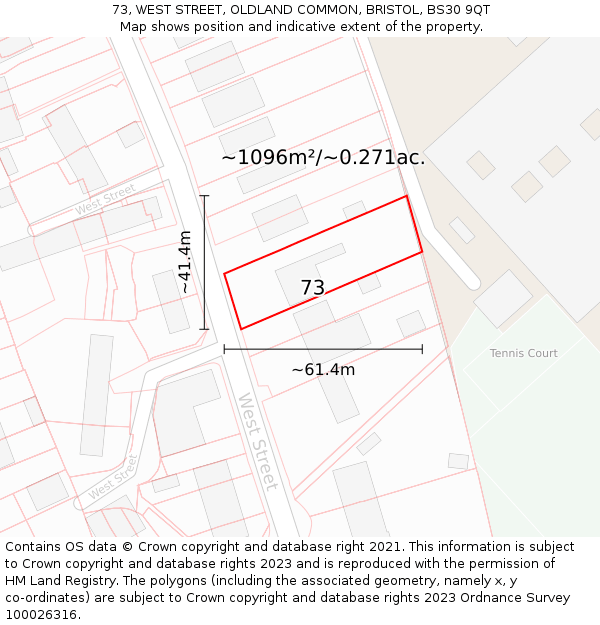 73, WEST STREET, OLDLAND COMMON, BRISTOL, BS30 9QT: Plot and title map
