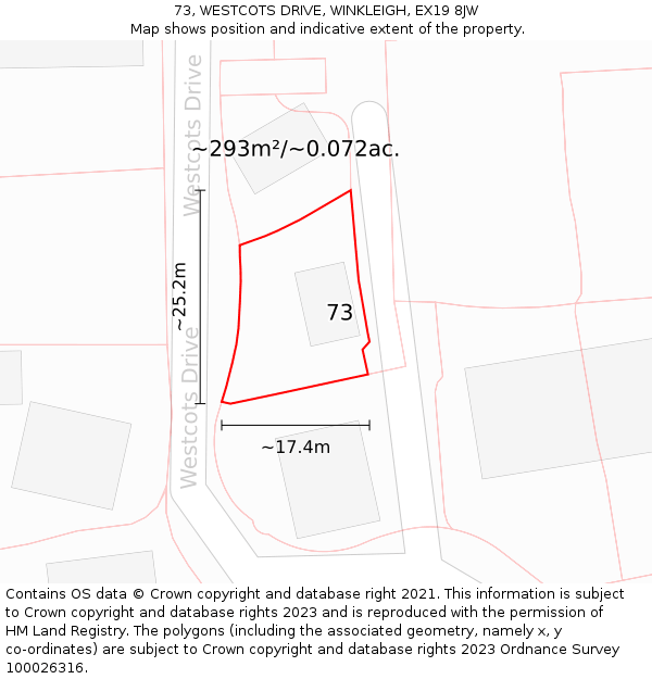 73, WESTCOTS DRIVE, WINKLEIGH, EX19 8JW: Plot and title map