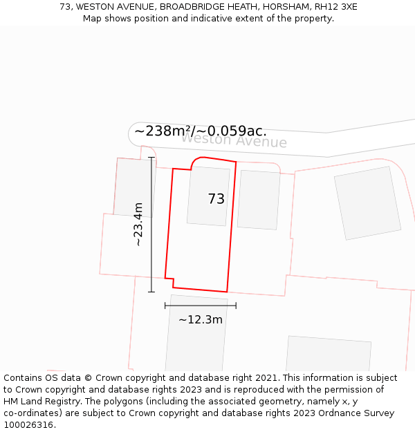 73, WESTON AVENUE, BROADBRIDGE HEATH, HORSHAM, RH12 3XE: Plot and title map