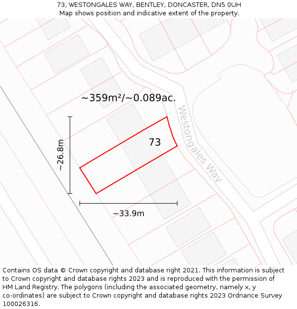 73, WESTONGALES WAY, BENTLEY, DONCASTER, DN5 0UH: Plot and title map