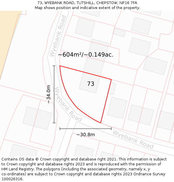 73, WYEBANK ROAD, TUTSHILL, CHEPSTOW, NP16 7FA: Plot and title map