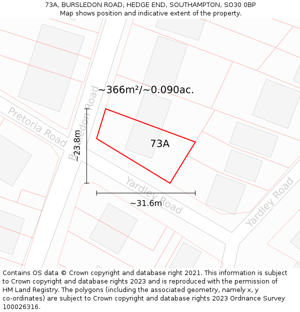 73A, BURSLEDON ROAD, HEDGE END, SOUTHAMPTON, SO30 0BP: Plot and title map
