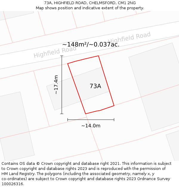 73A, HIGHFIELD ROAD, CHELMSFORD, CM1 2NG: Plot and title map