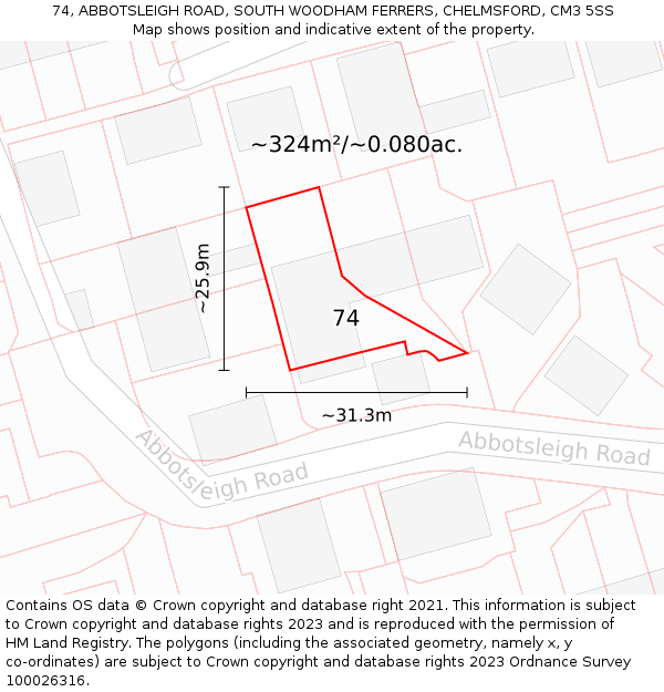 74, ABBOTSLEIGH ROAD, SOUTH WOODHAM FERRERS, CHELMSFORD, CM3 5SS: Plot and title map