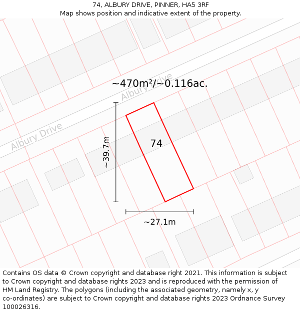 74, ALBURY DRIVE, PINNER, HA5 3RF: Plot and title map