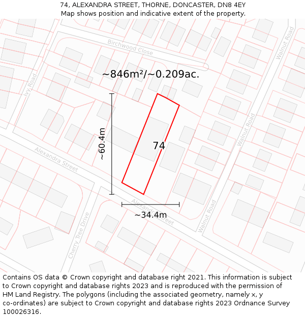 74, ALEXANDRA STREET, THORNE, DONCASTER, DN8 4EY: Plot and title map