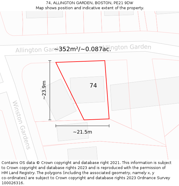 74, ALLINGTON GARDEN, BOSTON, PE21 9DW: Plot and title map