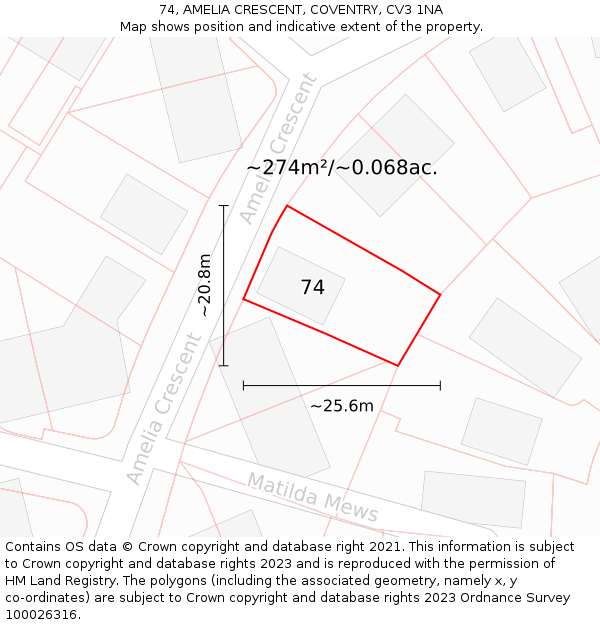 74, AMELIA CRESCENT, COVENTRY, CV3 1NA: Plot and title map