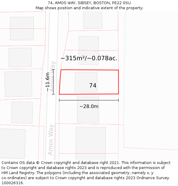 74, AMOS WAY, SIBSEY, BOSTON, PE22 0SU: Plot and title map