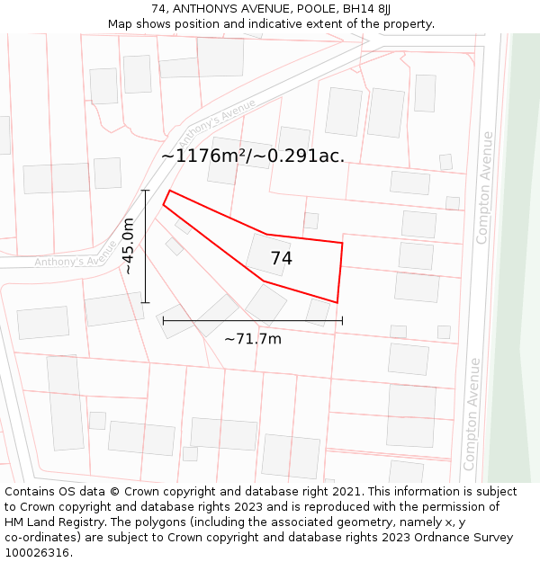 74, ANTHONYS AVENUE, POOLE, BH14 8JJ: Plot and title map