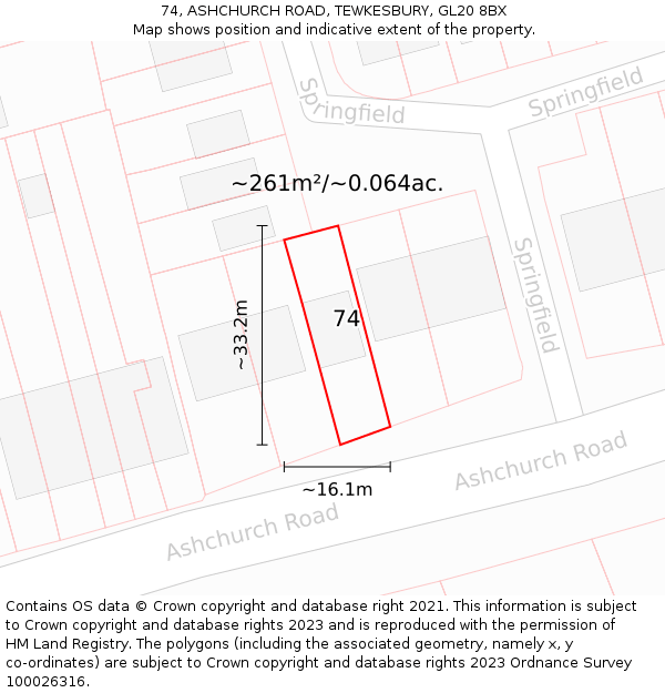 74, ASHCHURCH ROAD, TEWKESBURY, GL20 8BX: Plot and title map