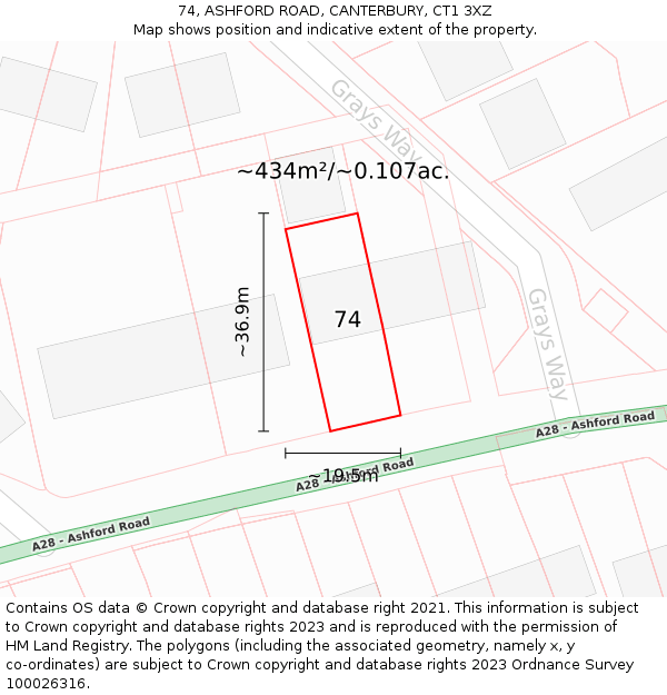 74, ASHFORD ROAD, CANTERBURY, CT1 3XZ: Plot and title map