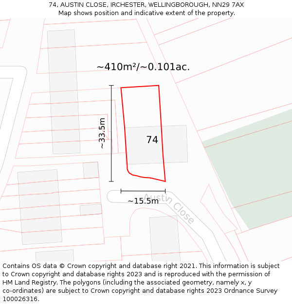 74, AUSTIN CLOSE, IRCHESTER, WELLINGBOROUGH, NN29 7AX: Plot and title map