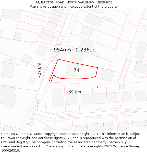 74, BACTON ROAD, NORTH WALSHAM, NR28 9DS: Plot and title map