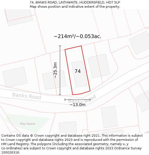 74, BANKS ROAD, LINTHWAITE, HUDDERSFIELD, HD7 5LP: Plot and title map