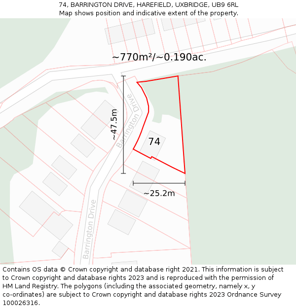 74, BARRINGTON DRIVE, HAREFIELD, UXBRIDGE, UB9 6RL: Plot and title map