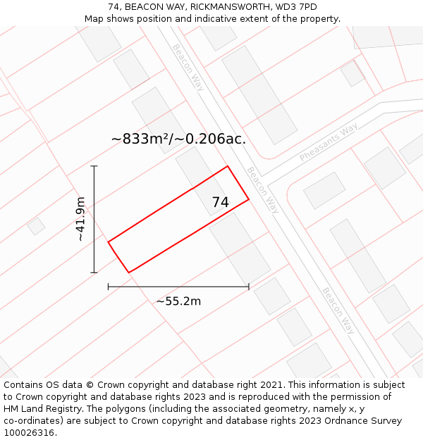 74, BEACON WAY, RICKMANSWORTH, WD3 7PD: Plot and title map