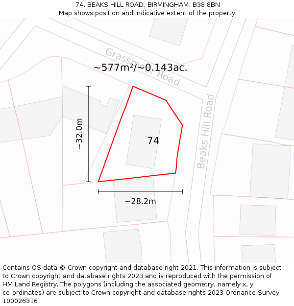 74, BEAKS HILL ROAD, BIRMINGHAM, B38 8BN: Plot and title map