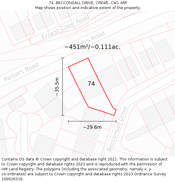 74, BECCONSALL DRIVE, CREWE, CW1 4RP: Plot and title map