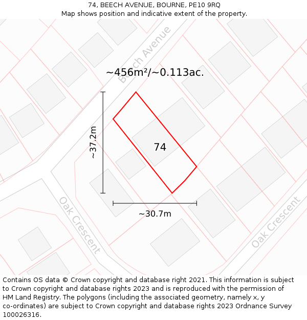 74, BEECH AVENUE, BOURNE, PE10 9RQ: Plot and title map