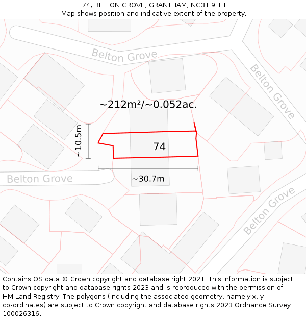 74, BELTON GROVE, GRANTHAM, NG31 9HH: Plot and title map