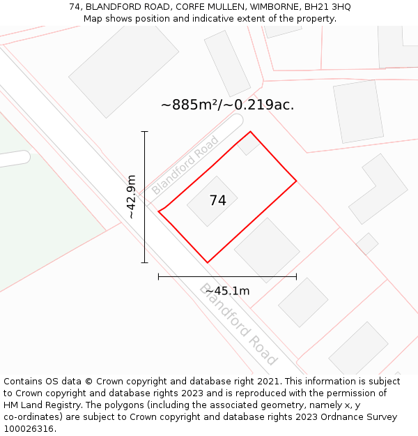 74, BLANDFORD ROAD, CORFE MULLEN, WIMBORNE, BH21 3HQ: Plot and title map