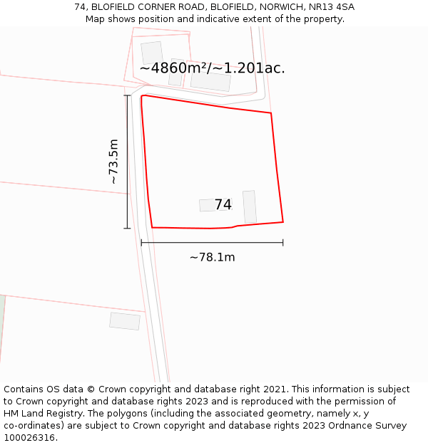 74, BLOFIELD CORNER ROAD, BLOFIELD, NORWICH, NR13 4SA: Plot and title map