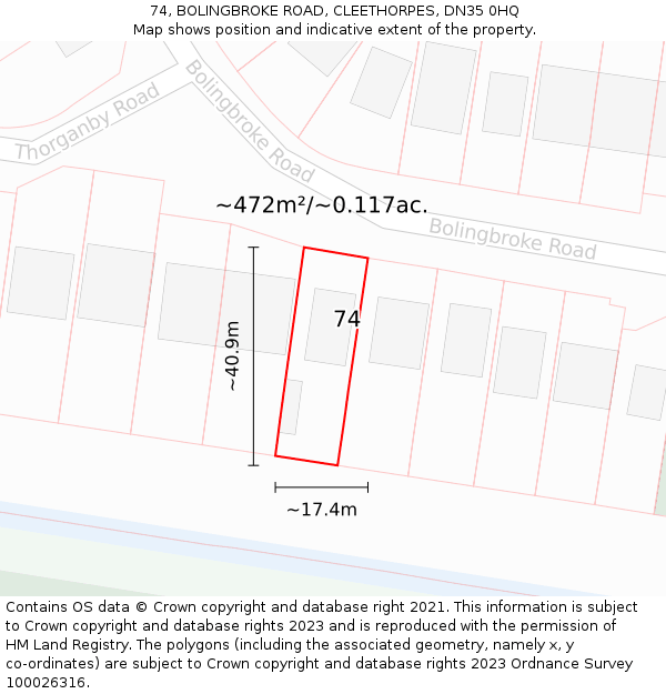 74, BOLINGBROKE ROAD, CLEETHORPES, DN35 0HQ: Plot and title map