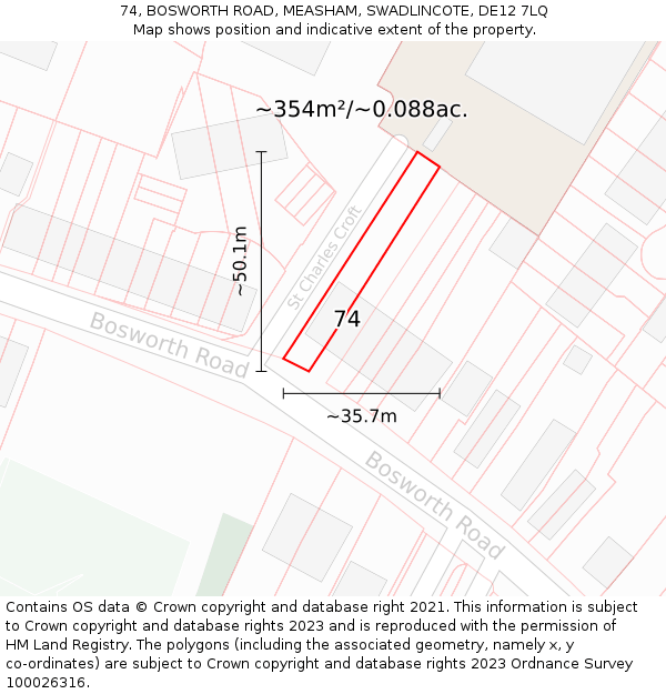 74, BOSWORTH ROAD, MEASHAM, SWADLINCOTE, DE12 7LQ: Plot and title map