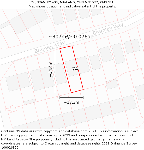 74, BRAMLEY WAY, MAYLAND, CHELMSFORD, CM3 6ET: Plot and title map